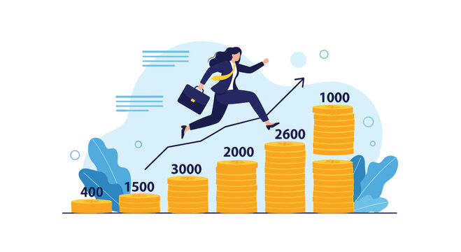 Determined businesswoman jumps over several stacks of gold coins that increase in value to achieve her financial growth goals.