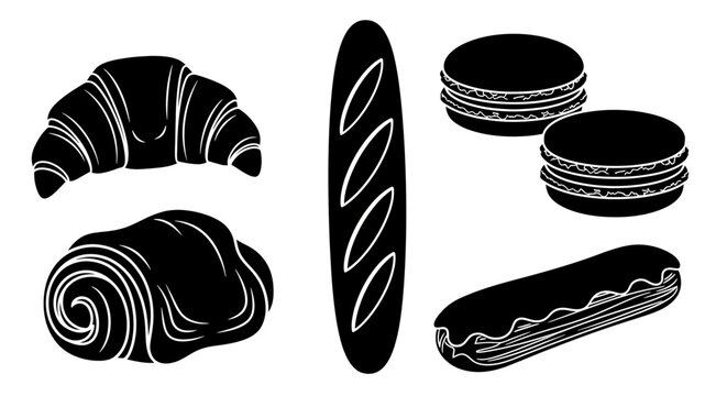 Black Silhouette Assortment of French Pastries and Bread