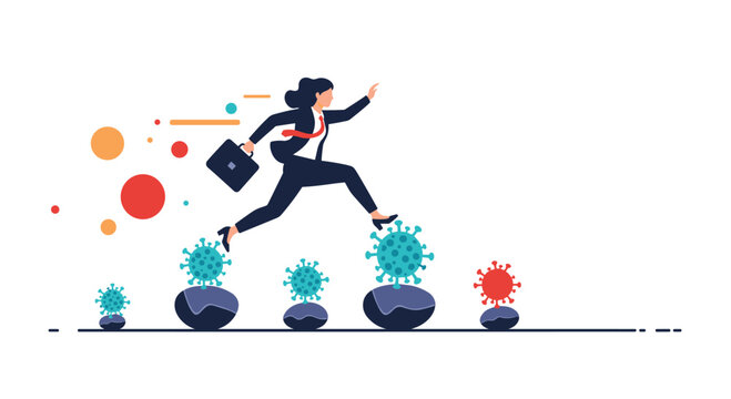 Businesswoman wearing a mask jumps across floating virus cells representing the challenges of navigating the global pandemic crisis.