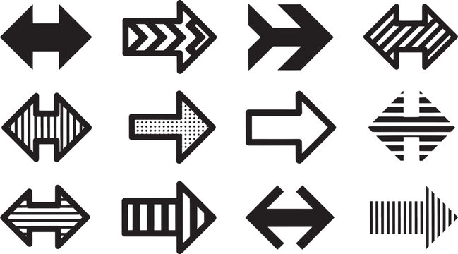 A set of twelve black arrow with diverse patterns and styles including solid fill, stripes, chevrons, and dots arranged in three rows on a white