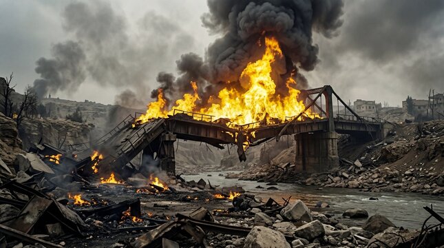 Destroyed bridge on fire in a war zone with thick black smoke and rubble