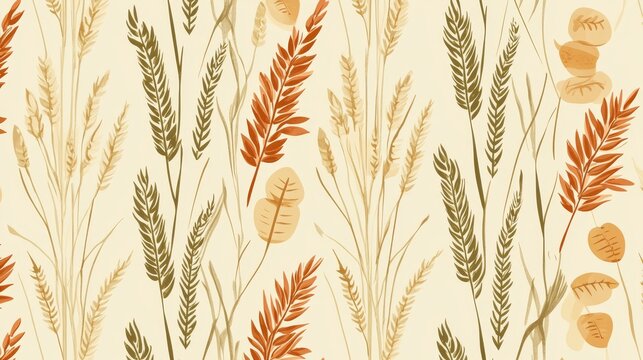 Seamless vector pattern with stylized silhouettes of wheat, barley, oat, and millet spikes arranged in a symmetrical repeating texture on soft beige background