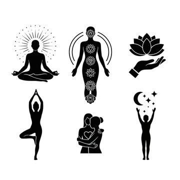 Yoga Meditation Chakra Balance Human Silhouette Icons Set