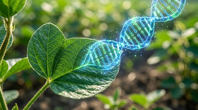 Genetically modified soybean plant with a glowing dna double helix structure emerging from a green leaf in a field, representing agricultural biotechnology and plant science innovation