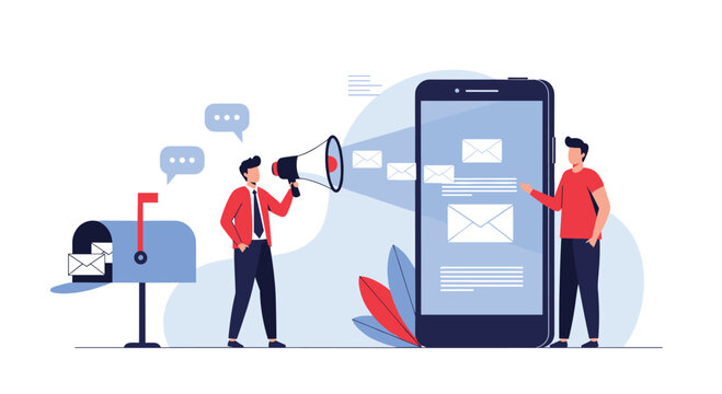 Two men standing near a traditional blue mailbox and a large smartphone while message envelopes fly between the two devices.