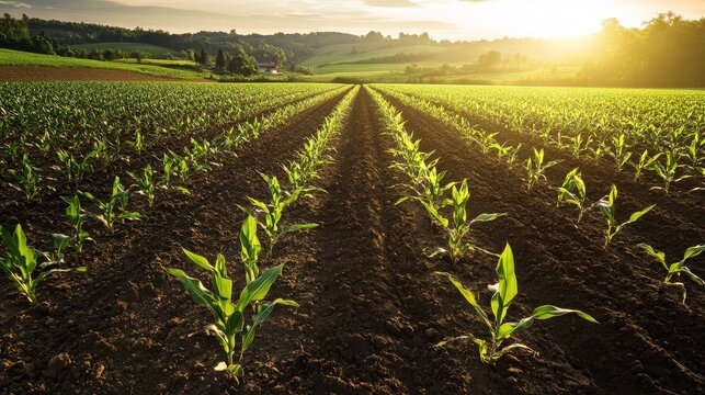 Panoramic shot of an agricultural field with parallel lines of young green corn plants emerging from rich dark soil under early morning sun