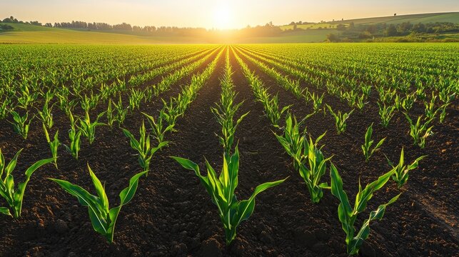 Panoramic shot of an agricultural field with parallel lines of young green corn plants emerging from rich dark soil under early morning sun