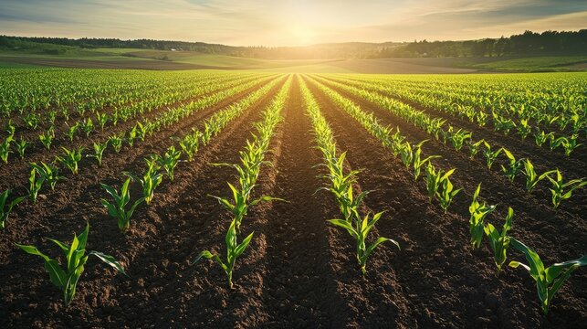 Panoramic shot of an agricultural field with parallel lines of young green corn plants emerging from rich dark soil under early morning sun