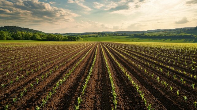 Symmetrical crop field with fresh corn seedlings aligned in long straight furrows, distant tree line and gentle hills framing the scene