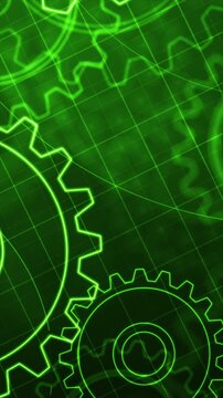Vertical video Abstract gear system with technical blueprint style grid and interface elements. Engineering and technology concept for industrial systems