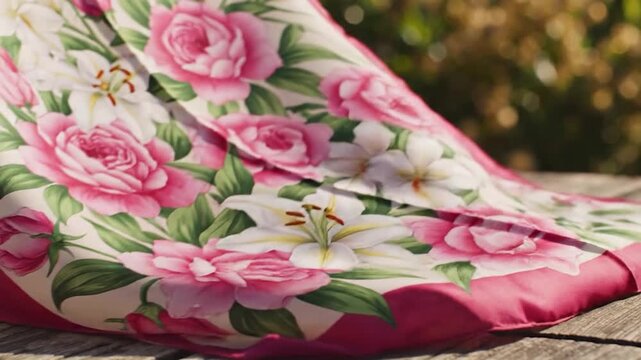 A beautiful silk scarf with a floral pattern rests on a rustic wooden table outdoors