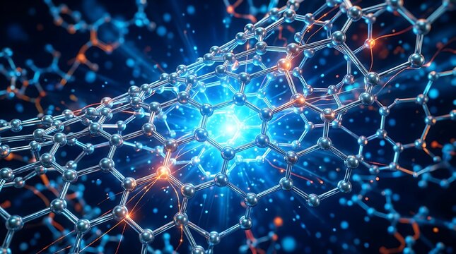 Abstract 3d illustration of a carbon nanotube structure with glowing energy particles, representing nanotechnology, molecular engineering, and advanced materials science