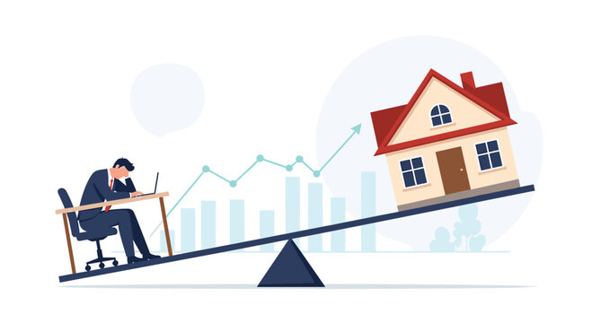 Stressed businessman sitting at his desk on a see-saw being outweighed by a giant house representing mortgage debt.