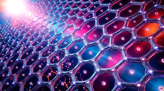 Abstract 3d illustration of a graphene or carbon molecular structure, hexagonal lattice pattern with glowing particles and vibrant neon lighting, futuristic nanotechnology background