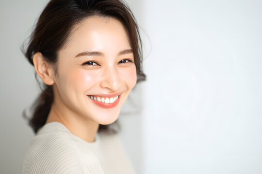 白い歯で笑う日本人女性のポートレート（審美歯科・ホワイトニング）｜Japanese woman smiling with clean white teeth, dental aesthetics concept
