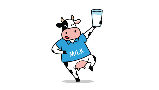 Happy cartoon cow wearing a blue shirt with the word MILK dancing while holding up a tall glass of fresh white milk.