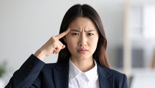 眉間を指で押さえるスーツ姿の日本人女性のクローズアップ