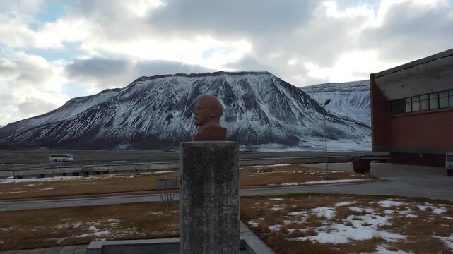 Drone shot of Vladimir Lenin bust in Pyramiden, Svalbard