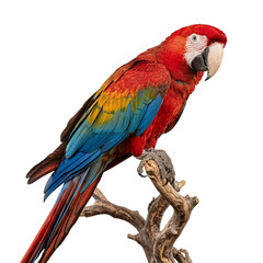 Close-up photograph of a vibrant scarlet macaw parrot perched on a branch, showcasing its colorful plumage. © Ricky