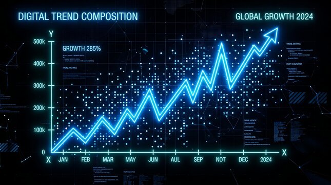 Digital trend composition and global growth 2024 chart futuristic data visualization with glowing blue line graph, scatter plot, and technical interface elements on a dark background
