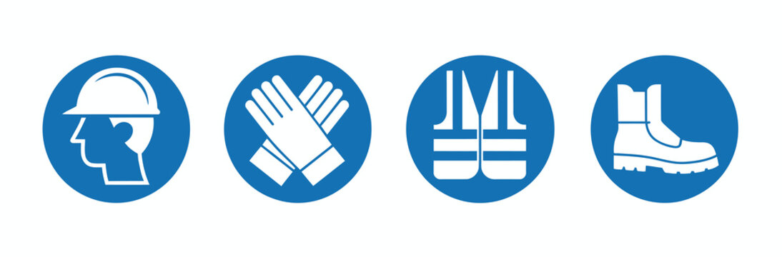 PPE required caution sign, personal protective equipment icons set illustrating mandatory safety gear for construction and industrial environments, presented as a cohesive vector collection 