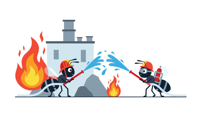 Two cartoon ants acting as brave firefighters using water hoses to extinguish flames in front of a building, representing teamwork.