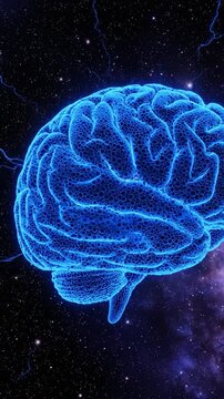 A glowing blue digital human brain floats in the vast darkness of deep space surrounded by bright stars and cosmic energy