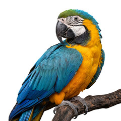 Naklejka premium A magnificent blue and yellow macaw gazing thoughtfully while perched on a rustic branch, isolated.