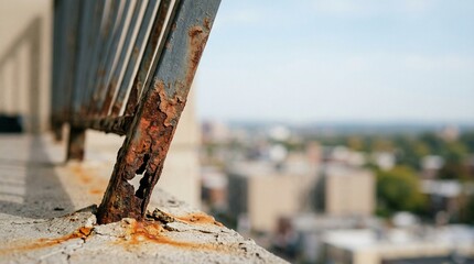 Fototapeta premium Rusted metal railing and urban decay on a high balcony. Featuring corroded iron bars and crumbling concrete with a blurred city skyline background. Showing architectural damage and maintenance risks.
