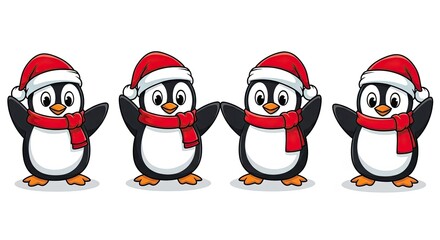 Fototapeta premium Four adorable penguins in santa hats and scarves