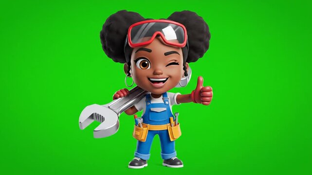Happy Cartoon Girl Mechanic Waving Tools Chroma Key