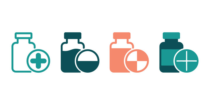 Four medical vial with plus signs and liquid fill bottle health healthcare  in white background