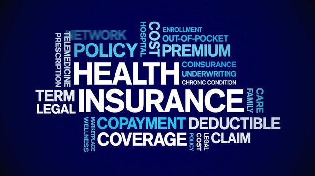 Health insurance animated word cloud-text design animation tag kinetic typography seamless loop.