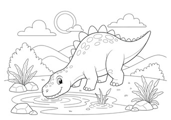 Cute cartoon dinosaur drinking water from a pond in a prehistoric landscape, coloring page for kids © Hikari Vector Studio