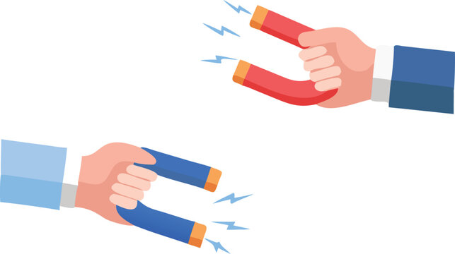 Hands pulling and pushing magnets illustrating attraction and repulsion