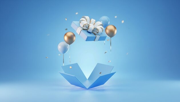 A blue gift box opens with balloons and confetti flying out in a celebratory scene