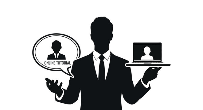 Silhouette of a businessman holding a laptop and a speech bubble with an online tutorial icon, representing digital education, remote learning, and professional training services