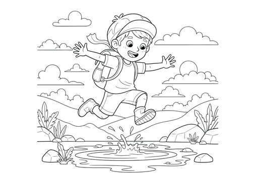 A happy cartoon boy with a backpack jumping over a puddle in a beautiful nature landscape, coloring page for kids