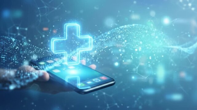 Digital health care smartphone hand screen technology blue medical telemedicine mobile app icon for patient data network connection online clinic medicine futuristic visual care