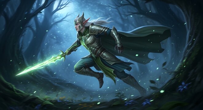 Epic Fantasy Elf Warrior with Glowing Sword in Enchanted Forest.