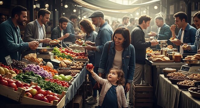 A busy local farmer market scene with a young child shopping for fresh produce.