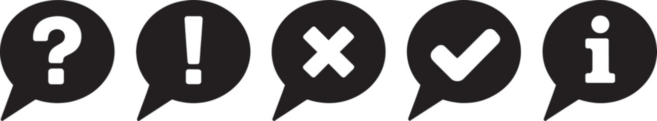 Fototapeta premium Collection of five black speech bubble featuring white question mark exclamation mark cross checkmark and information symbols on a transparent