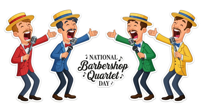 Four cheerful cartoon men in straw hats and colorful blazers are singing a cappella in a male vocal quartet with vintage barbershop harmony style, celebrating National Barbershop Quartet