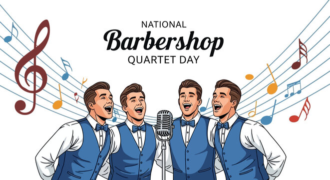 Celebrating National Barbershop Quartet Day, a vector illustration depicts four men in blue vests singing in harmony around a vintage microphone, set against a white background adorned