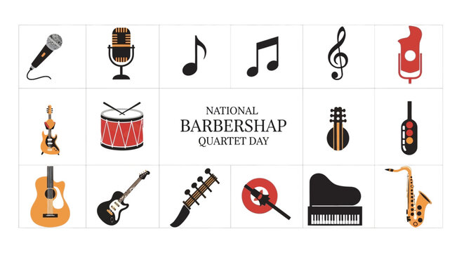 Celebrating national barbershop quartet day with a flat lay illustration showcasing musical instruments and notes arranged on a clean white backdrop, evoking a vintage music style concept