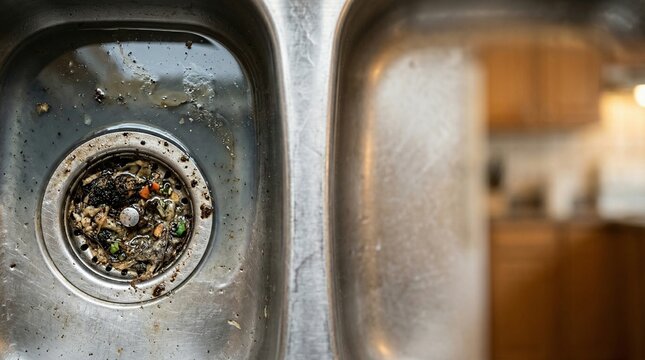 Clogged kitchen sink drain filled with food scraps and dirty water. Featuring messy leftover debris in a metal strainer for plumbing repair and home maintenance services concept.