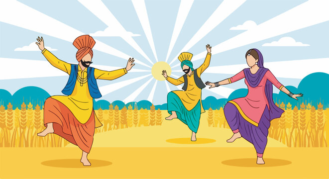 Three people in traditional Punjabi attire joyfully dancing in a wheat field under a bright sun.