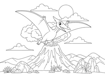 Coloring page for children with a cute pterodactyl flying over a volcano in a prehistoric landscape © Hikari Vector Studio
