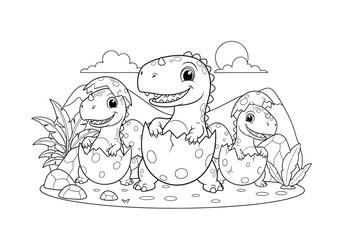 Cute baby dinosaurs hatching from eggs in a prehistoric landscape, coloring page for kids, cartoon vector illustration © Hikari Vector Studio