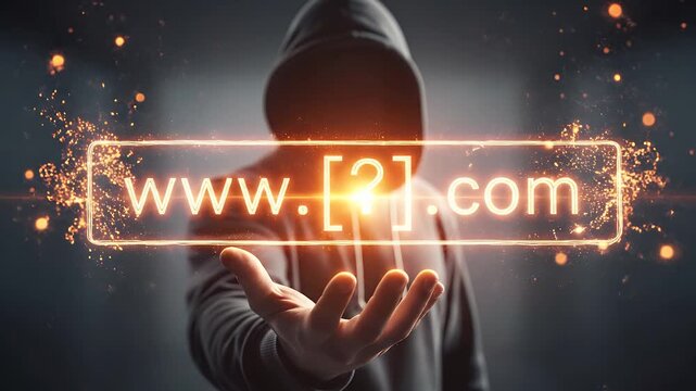 Hacker holding a glowing website domain with a question mark